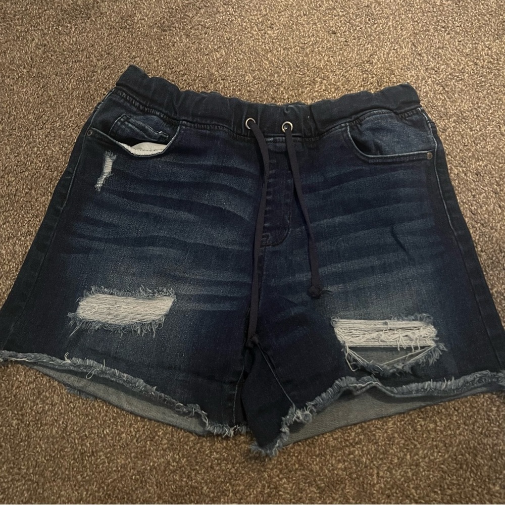 Guess Jeans Dark Wash Distressed Cut Off Raw Hem High Waisted Denim Shorts